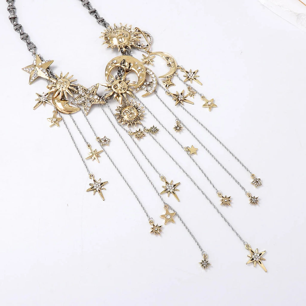 Metal Stars Moon Waterfall Tassels Pendant Necklaces for Women Vintage Statement Jewelry Holiday Party Gifts