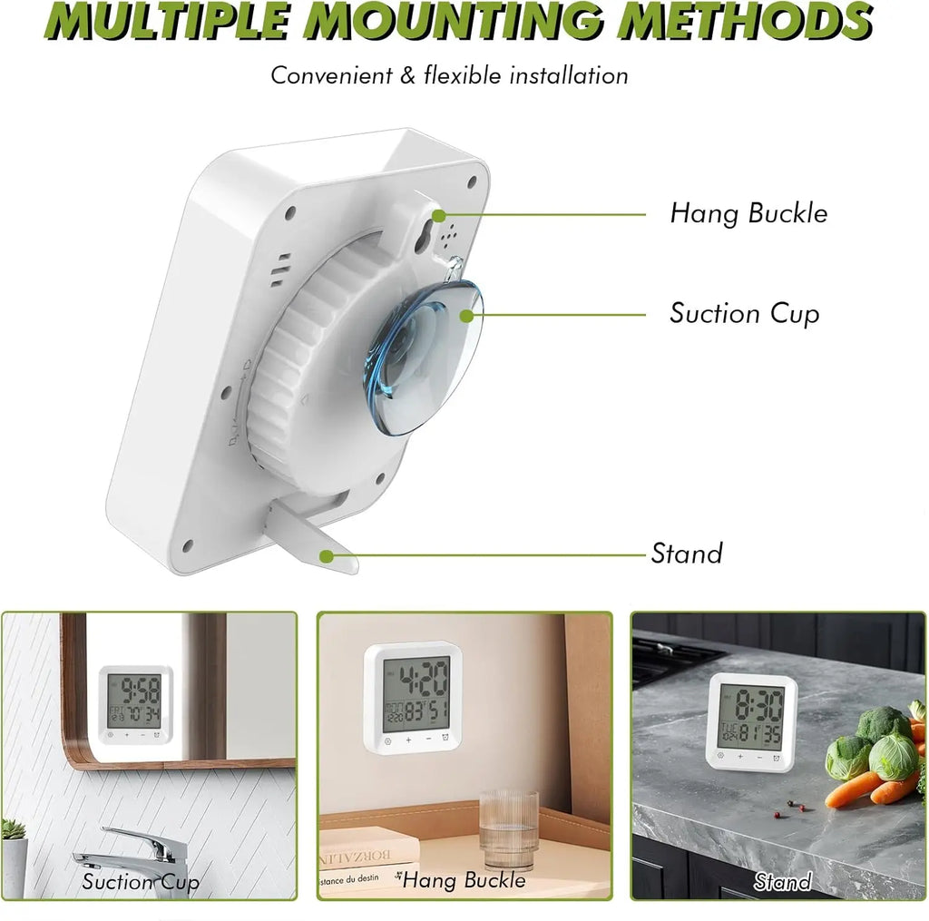Waterproof Bathroom Wall Clock Digital Shower Clock Timer with Touch Screen, Temperature, Hanging Hole Stand for Kids & Adults