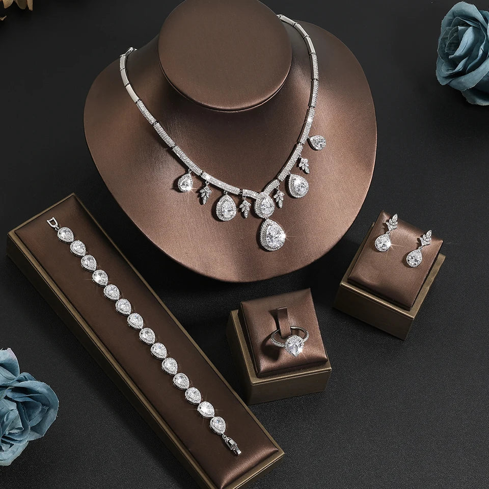 ZAKOL Luxury Cubic Zirconia Necklace Earrings Rings Set for Women Shinny Water Drop Leaf CZ Bridal Wedding Jewelry Sets