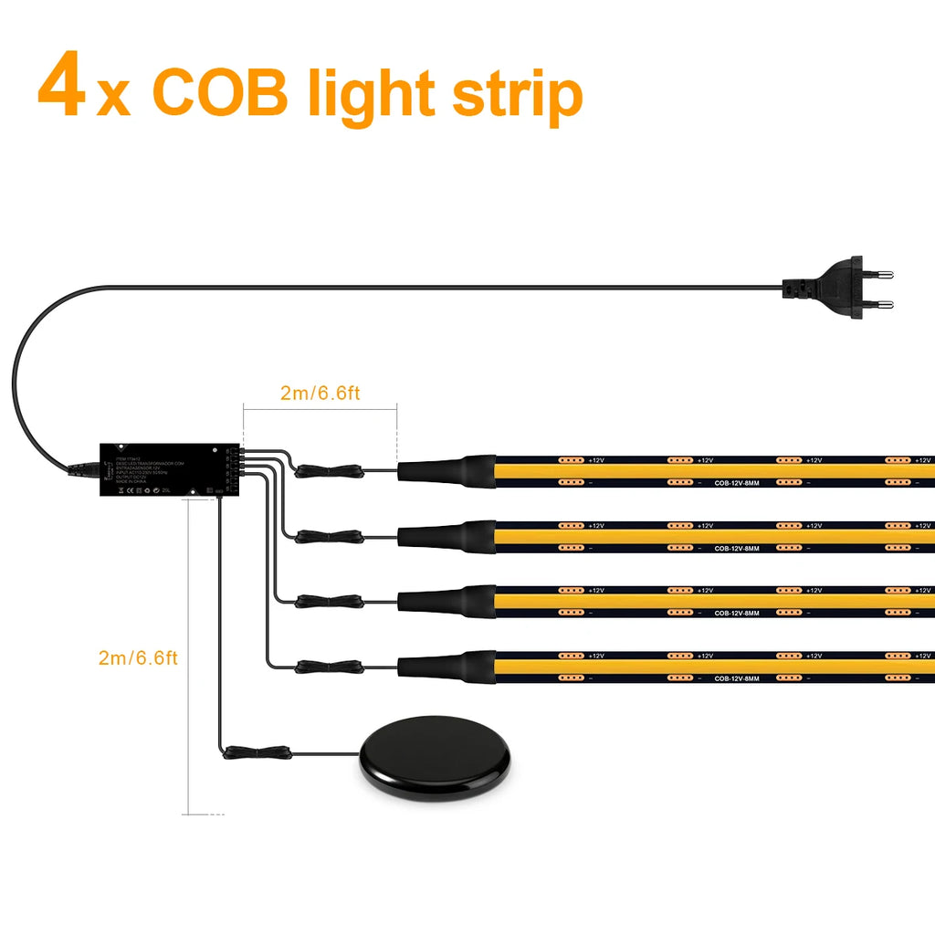 Touch Dimmable Black PCB LED Strip Light COB Tape For Walnut Acoustic Wooden Slat Grille TV Background Wall Panel&Cabinet Decor
