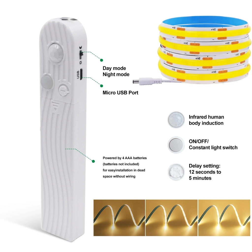 8MM COB LED Strip Light 5V 320LEDs/M Motion Sensor Dimmable Flexible LED Tape Ribbon USB/Battery Powered DIY Backlight for Room