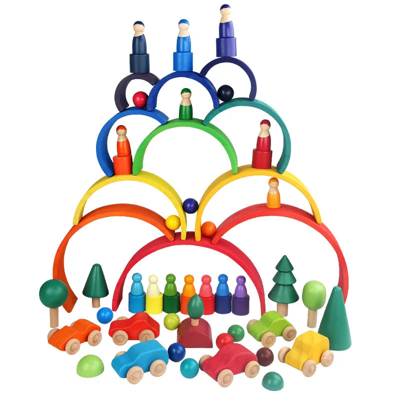 Wooden Rainbow Block Colorful Stacking Building Block Children Open-shaped Creative Building Blocks Montessori Educational Toy