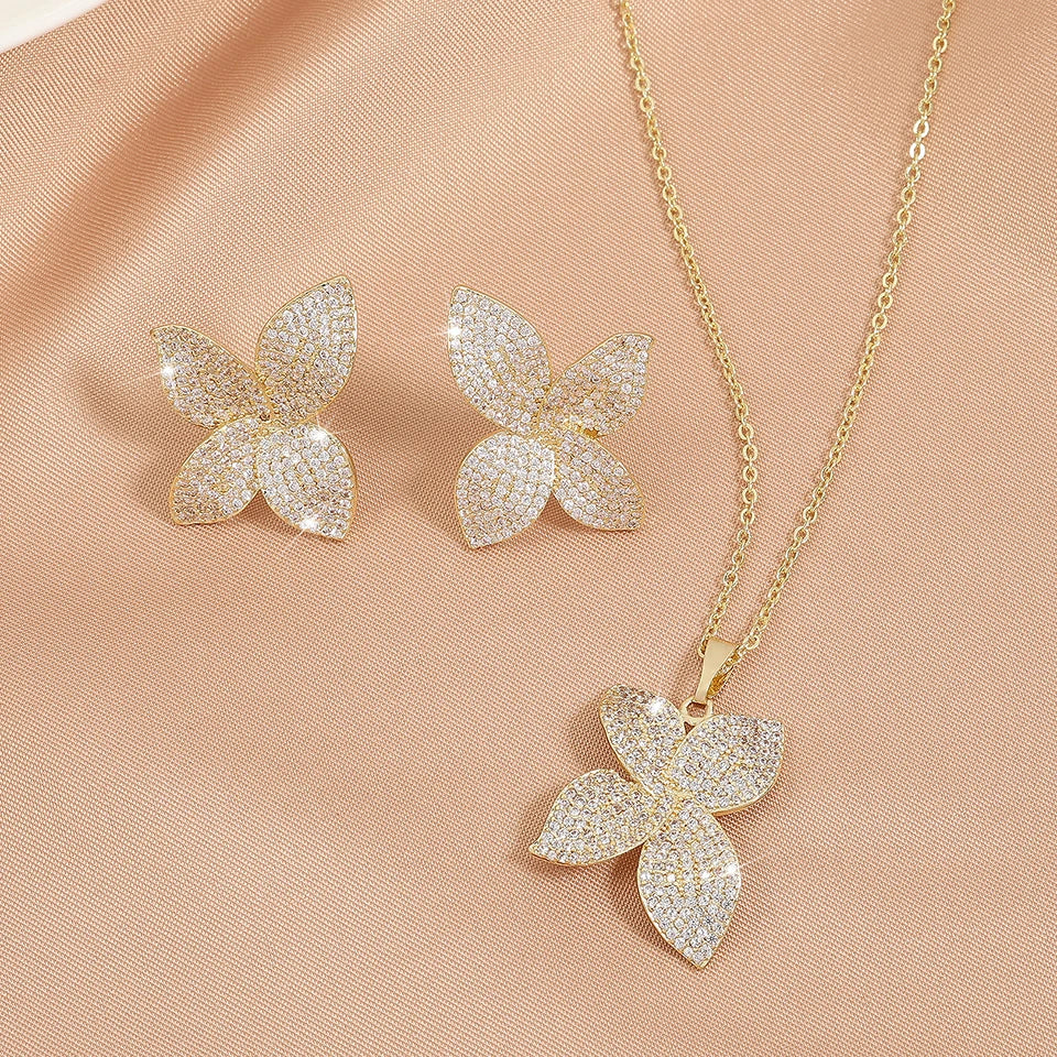 ZAKOL Luxury Micro Pave Setting Cubic Zirconia Leaf Earrings Ring Bracelet Necklace Gorgeous Dubai Jewelry Set For Dinner Party