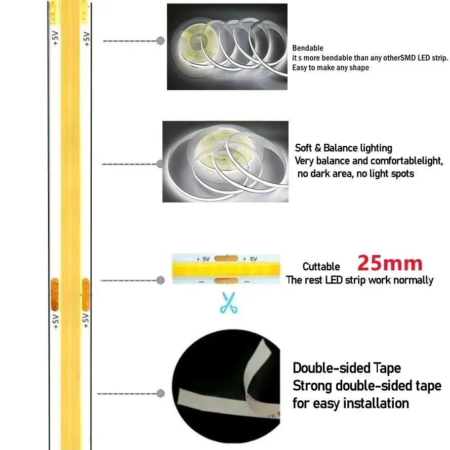 Dimmable 5V USB 5m COB LED Strip Light with Hand Scan Dimmable Touch Sensor Switch Push Switch Room TV Background Decoration