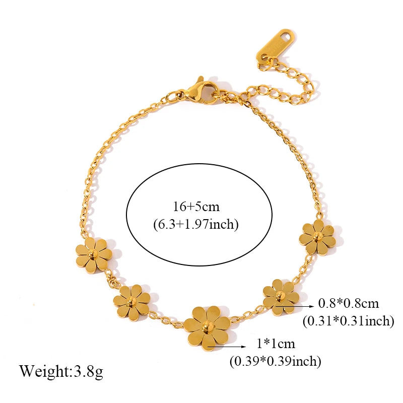 GANEMLY 316L Stainless Steel Daisy Flowers Necklace Earrings Bracelets For Women Fashion Waterproof Jewelry 4-Set Lady Gift