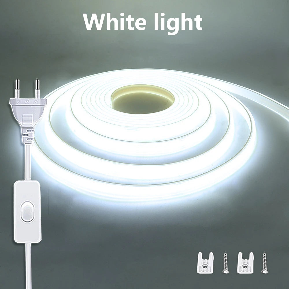 LED Lights Strip 220v with ON-OFF Switch Waterproof Outdoor COB Led Strip Flexible Ribbon Tape for Room Kitchen Garden Lighting