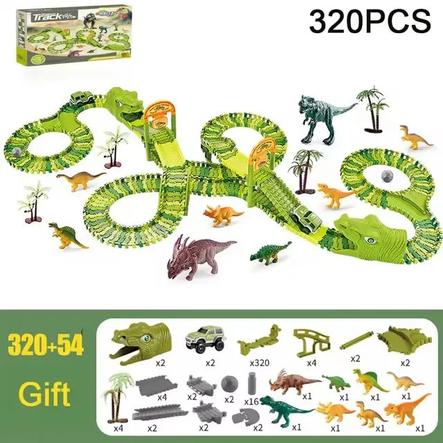 Dinosaur Themed Plastic Racing Track Set Bend Flexible Race Track with Electronic Car Educational Toys for Children