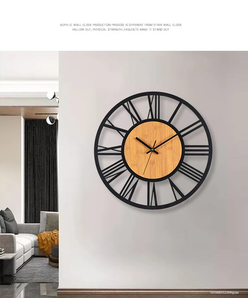3D Large Wall Clocks Nordic Roman Numerals Retro Round Wood Metal Iron Accurate Silent Hanging Ornament Living Room Decoration