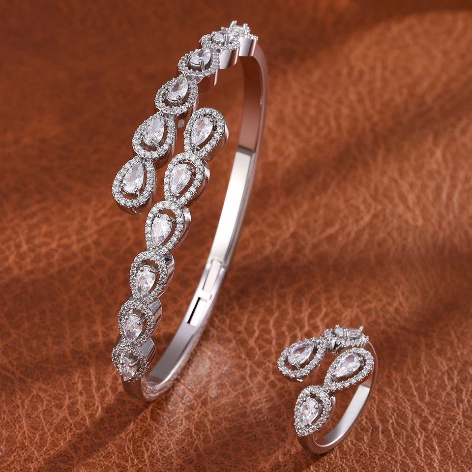ZAKOL 9 Styles Slivery Open Bracelet Ring Jewelry Set Luxury Shiny Zircon Middle East Trendy Jewelry for Women Gift