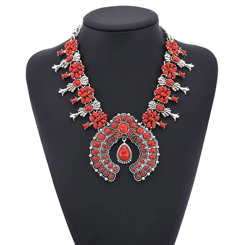 Navajo Indian Jewelry Set Costume Statement Red Turquoise Stone Resin Earrings and Western Squash Blossom Necklace for Women