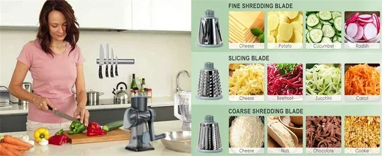 2026 New 3-in-1 Rotary Cheese Grater Multifunctional Manual Veg Slicer Nut Grinder Kitchen Essential Tool
