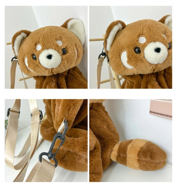 Red Panda Plush Backpack Cute Plushie Doll Women Crossbody Fur Soft Shoulder Bag for Camping Travel Party Female Birthday Gift