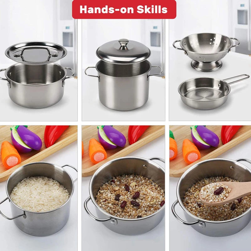 Children Metal Stainless Steel Material Pretend Play Food Kitchen Cookware Set Toy Mini Cooking Game Pot Shovel Kid Kitchen Toys