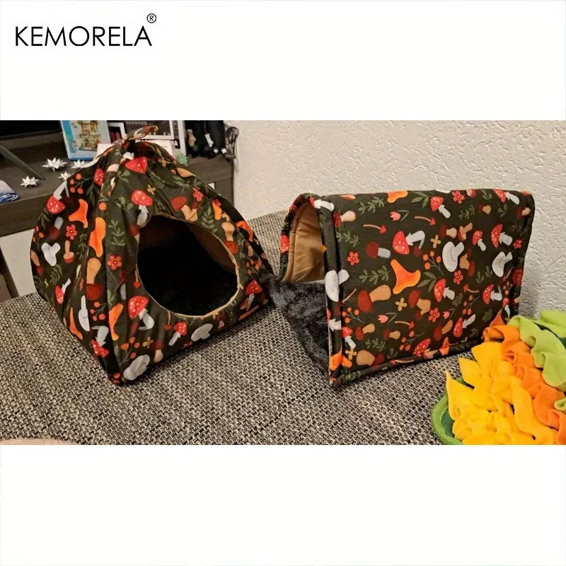 2PCS Glitter Soft Guinea Hideout & Tunnel - Washable Pet Bed with Adorable Mushroom & Flower Design for Hamster Rabbit Small Pet