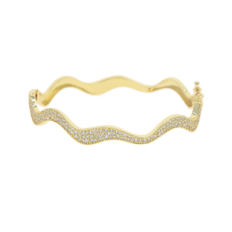 Micro Paved 5A Cubic Zirconia CZ Wide Wave Band Fashion Women Jewelry Sparking Hoop Earring Ring Bangle Necklace Set