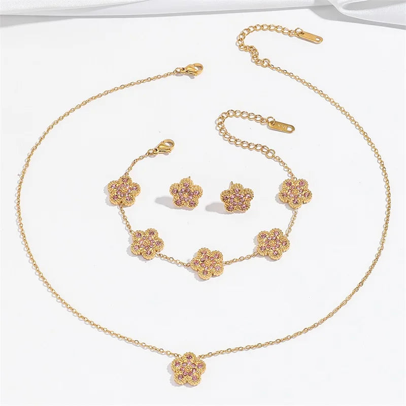 EILIECK New Fashion Stainless Steel White Zircon Clover Necklace Bracelet Earrings Set For Women Trendy Flower Jewelry Set Gift