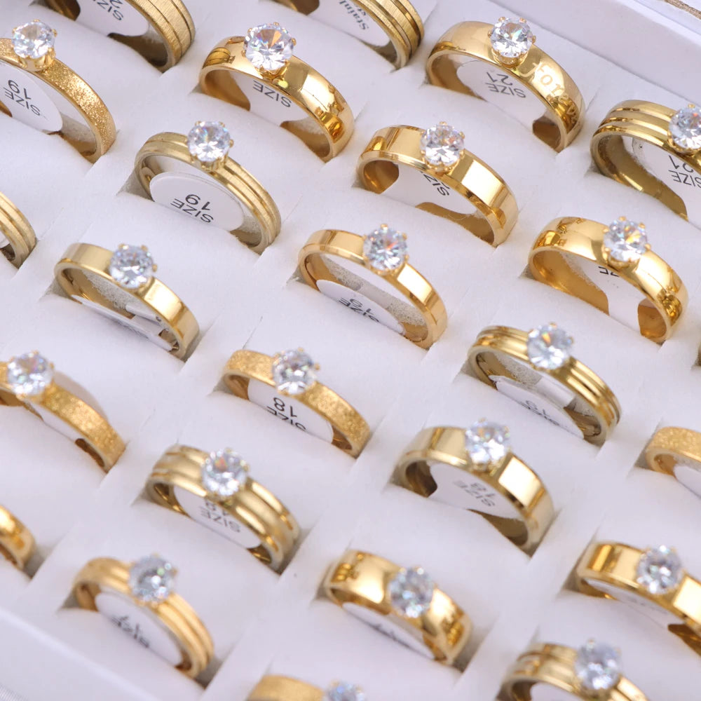 10/20/30/50Pcs/Lot Fashion Elegant Inlaid Stainless Steel Ring With Rhinestone High-end Women's Proposal Engagement Jewelry Gift