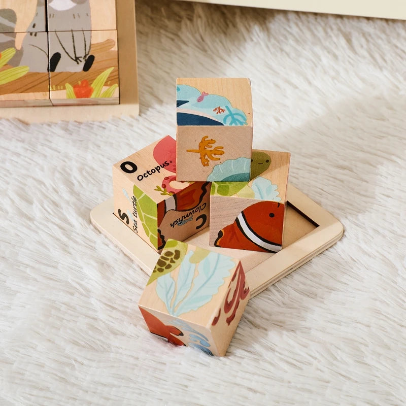 Baby Wooden Blocks Toy Children Six Side Cube Jigsaw Puzzles Game Animal Traffic Cognize Early Learning Educational Toy Kid Gift