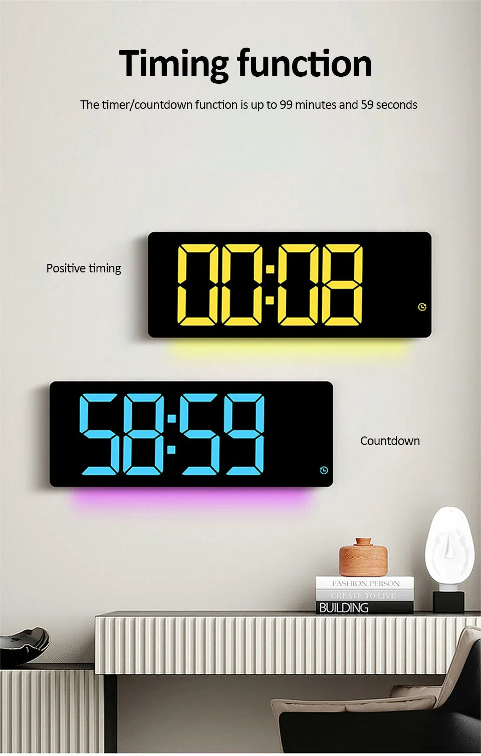 17" Large Digital Alarm Clock with 11Colors & Dynamic RGB Display RGB LED Wall Clock with Colour Changing/Dual Alarm/Room Decor