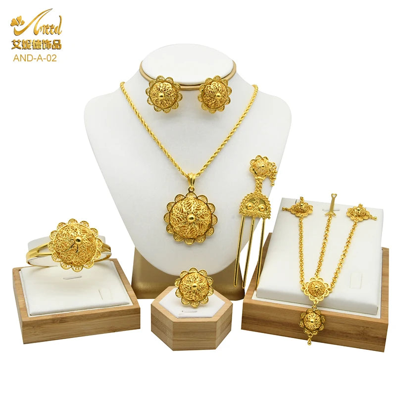 ANIID Ethiopian Gold Color 6pcs Jewelry Sets For Women Dubai Flower Shape Nigerian Luxury Necklace Jewellery Set Wedding Gifts