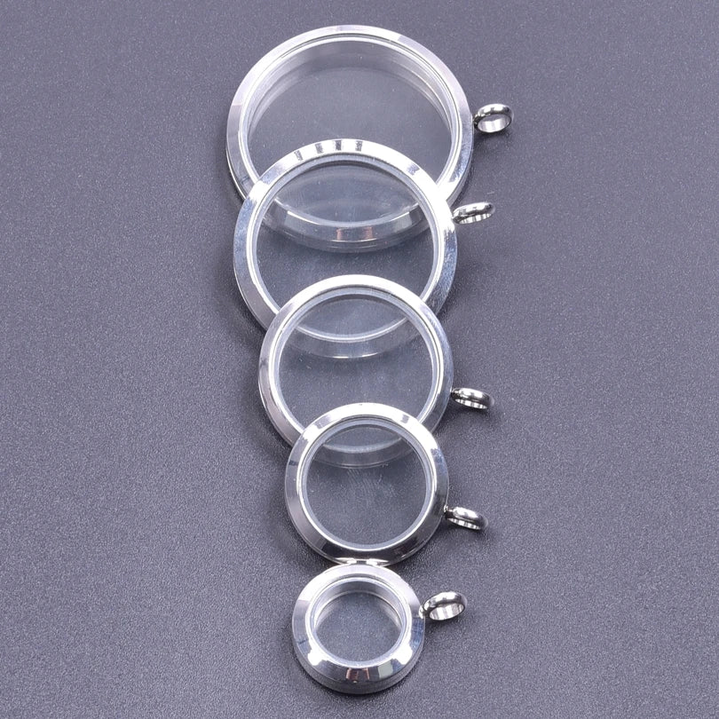 5Pcs 20-40mm Stainless Steel Glass Memory Cremation Urn Locket Pendant Openable Round Reliquary Photo Medaillon Colgantes