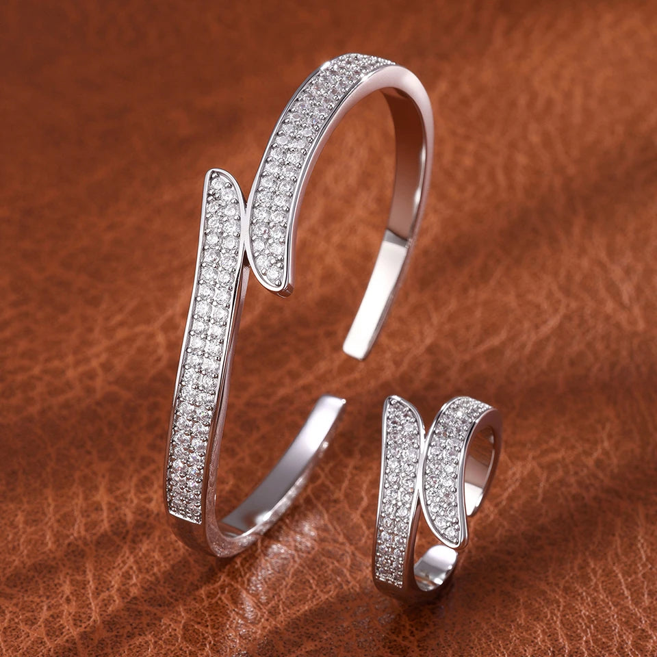 ZAKOL 9 Styles Slivery Open Bracelet Ring Jewelry Set Luxury Shiny Zircon Middle East Trendy Jewelry for Women Gift