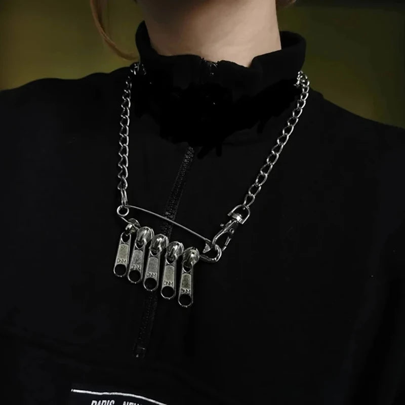 Cyber Punk Zipper Necklace Fringe Chain Head Y2k Hip Hop Choker Men's Women's Fashion Personality Jewelry Accessories
