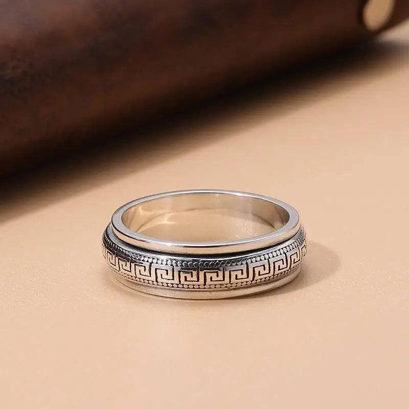 Factory Price S925 Sterling Silver Great Wall Pattern Spinner Ring Men Women Real Silver Double-layer Rotatable Rings Jewelry