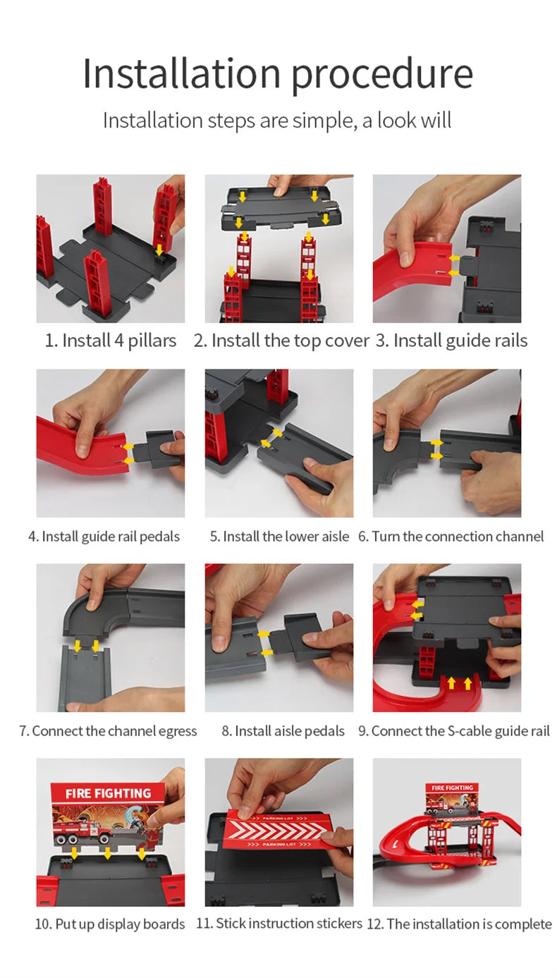 Track Parking Lot Toys Multi-Storey Rail Car Parking Building Fire Police Engineering Vehicle Car Children's Toys