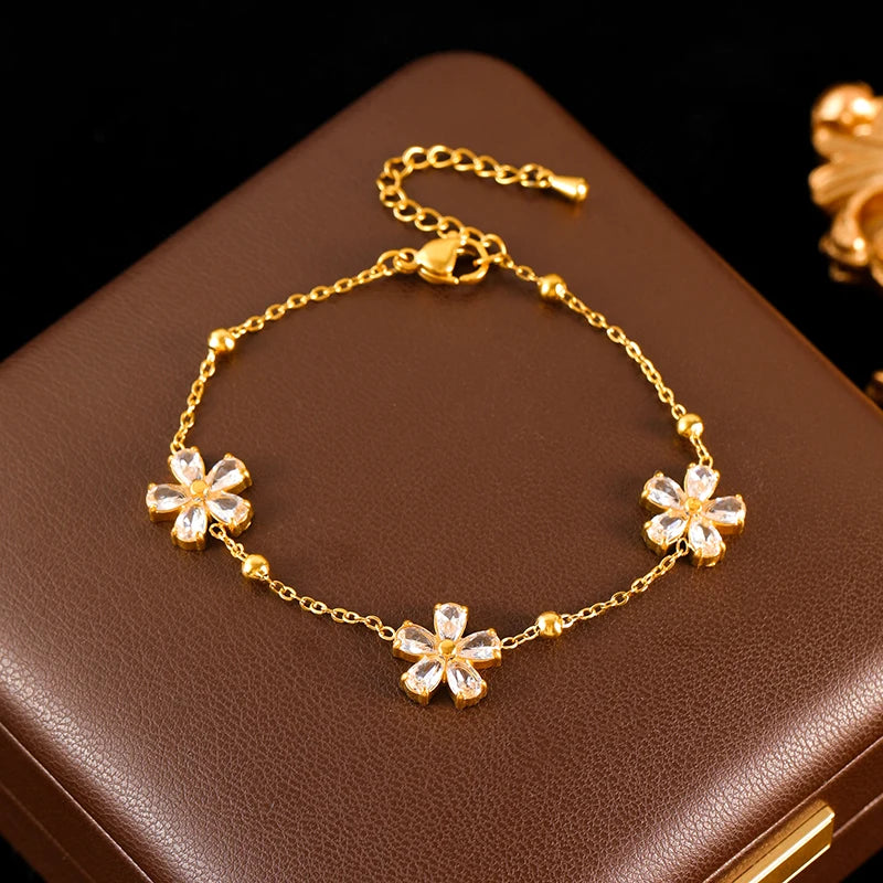 GANEMLY Stainless Steel  Sparkling White Zircon Flower Necklace Bracelet Earrings Set For Women Trendy Waterproof Jewelry Gift