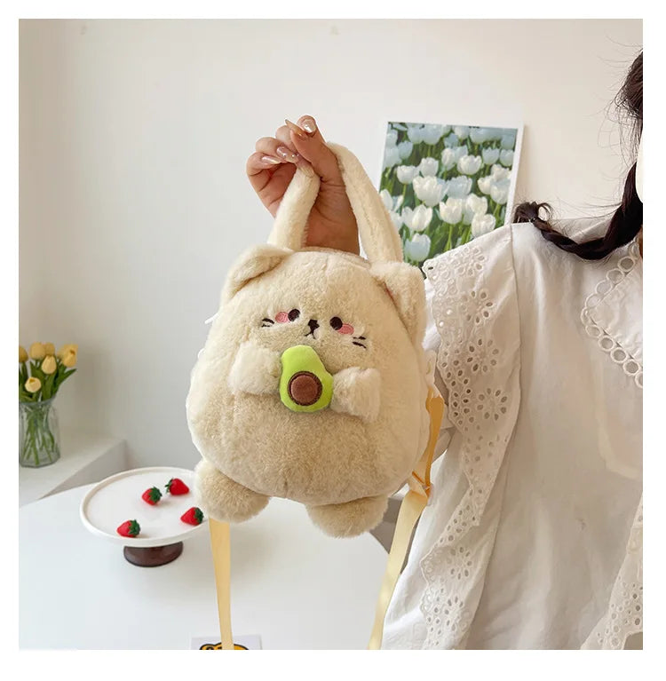 New Rabbit Kitten Plush Toy Backpack Stuffed Animal Rabbit Hold Peach Cat Hold Avocado Portable Shoulder Bag Girl Birthday Gifts