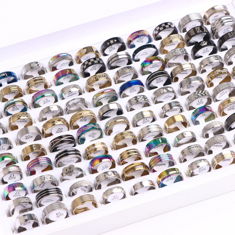 10/20/50/100Pcs/Lot Fashion Stainless Steel Stripe Heart Hollw Rings For Men Women Mix Style Simple Jewelry Party Gifts