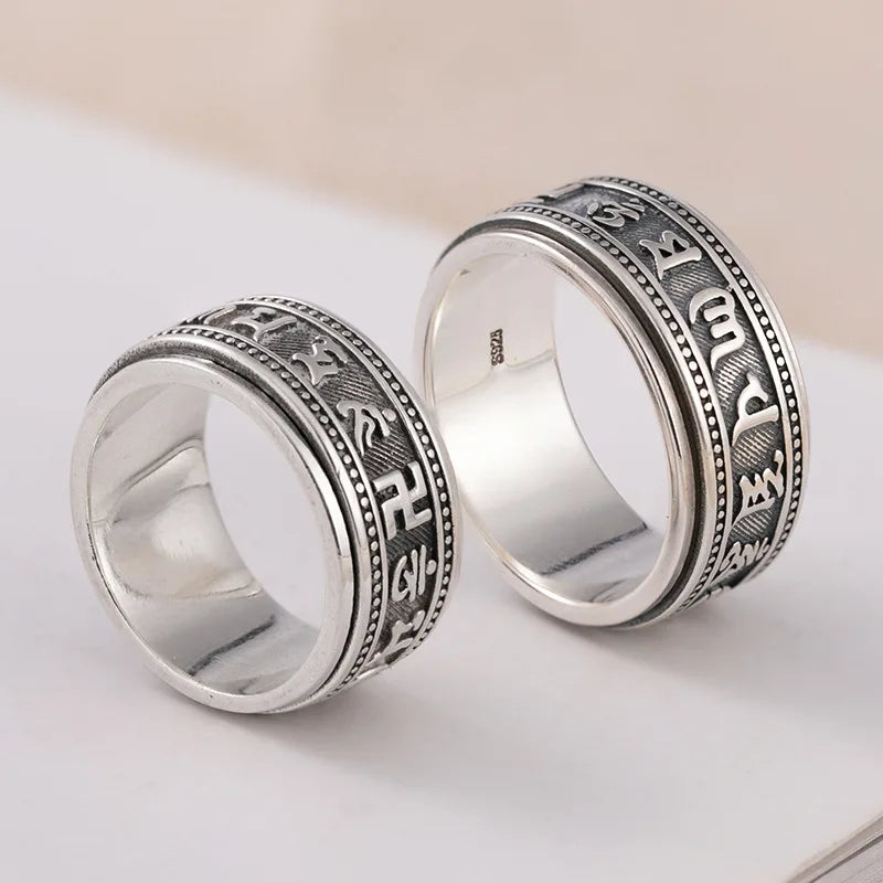 S925 Sterling Silver Ring Men Women Retro Buddhist Six-Character Great Mantra Ring Male Female Amulet Jewelry Exquisite Gift