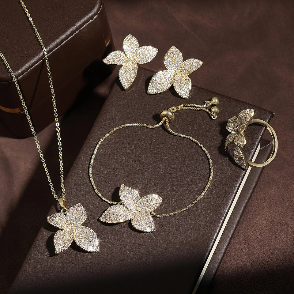 ZAKOL Luxury Micro Pave Setting Cubic Zirconia Leaf Earrings Ring Bracelet Necklace Gorgeous Dubai Jewelry Set For Dinner Party