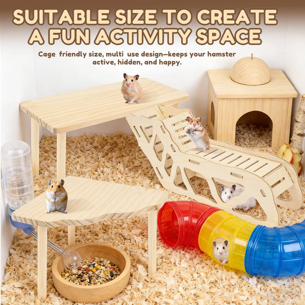 3Pcs Hamster Platform Natural Wood Hamster Climbing Toy with Ramp Tunnel Shelter Small Pet Resting Area Hamster Cage Accessories