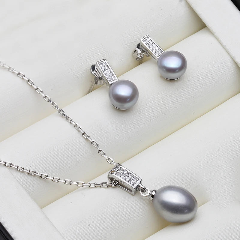Real Natural Freshwater Pearl Necklace and Earrings Set Woman,Trendy 925 Silver Pearl Jewelry Set Mother's Day Gift White