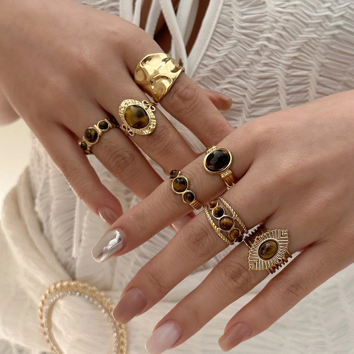 Stainless Steel French Vintage Ethnic Color Gemstone Ring for Women Punk Personality Stackable Open Finger Ring Hand Jewelry