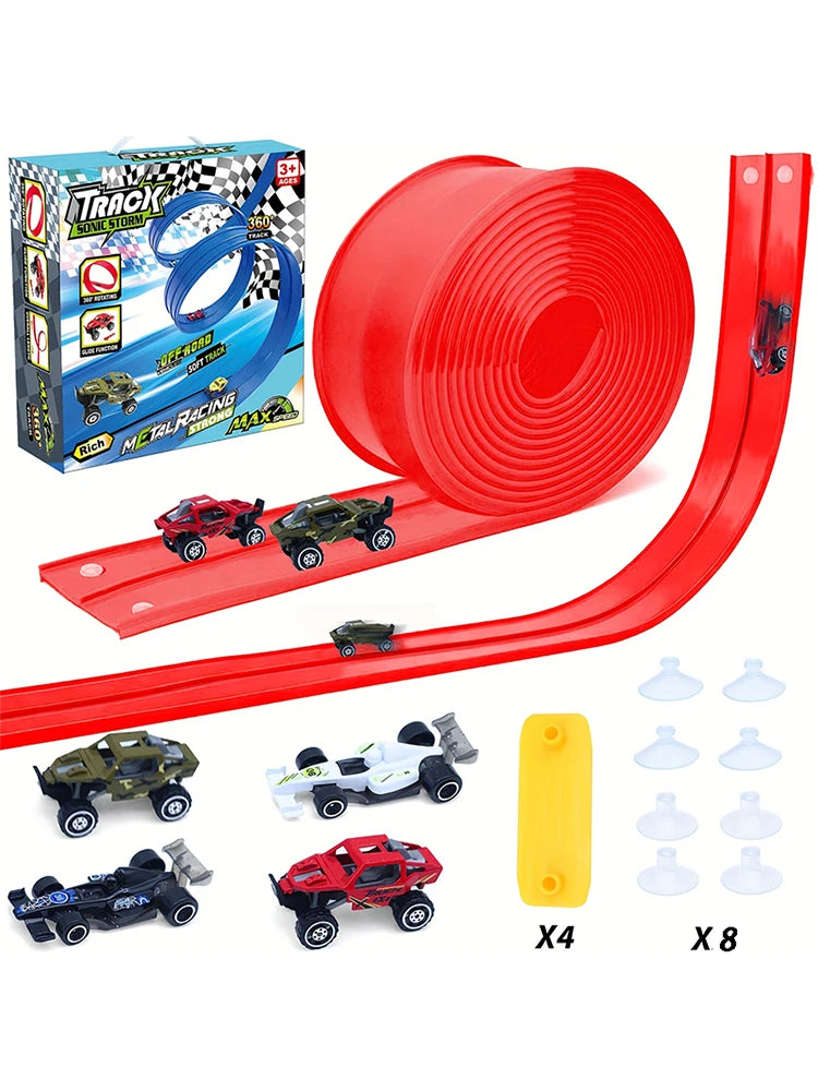 DIY Dual Flexible Track Car Racing Set with 498cm PVC Soft Race Track and 4 Sliding Cars Educational Toys Gift for Children Game