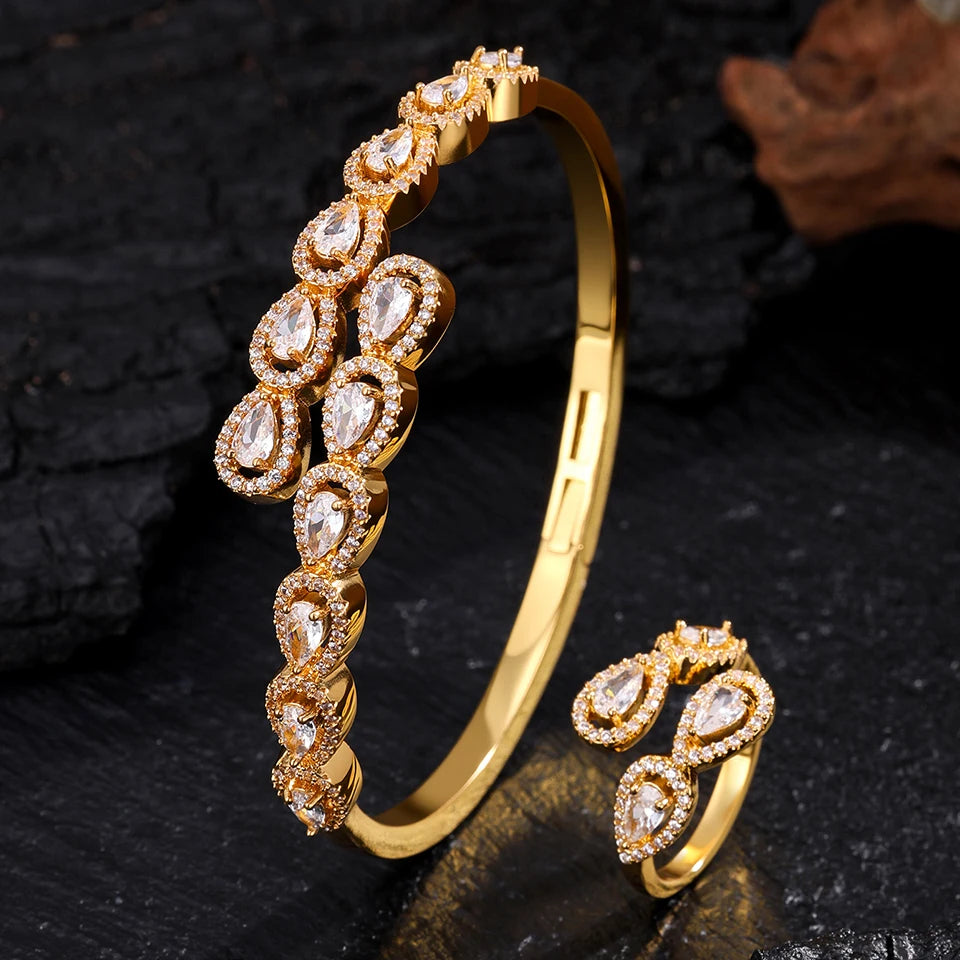 ZAKOL 9 Styles Golden Open Bracelet Ring Jewelry Set Geometric Shiny Zircon 18K Gold Plated Middle East Wedding Party Jewelry