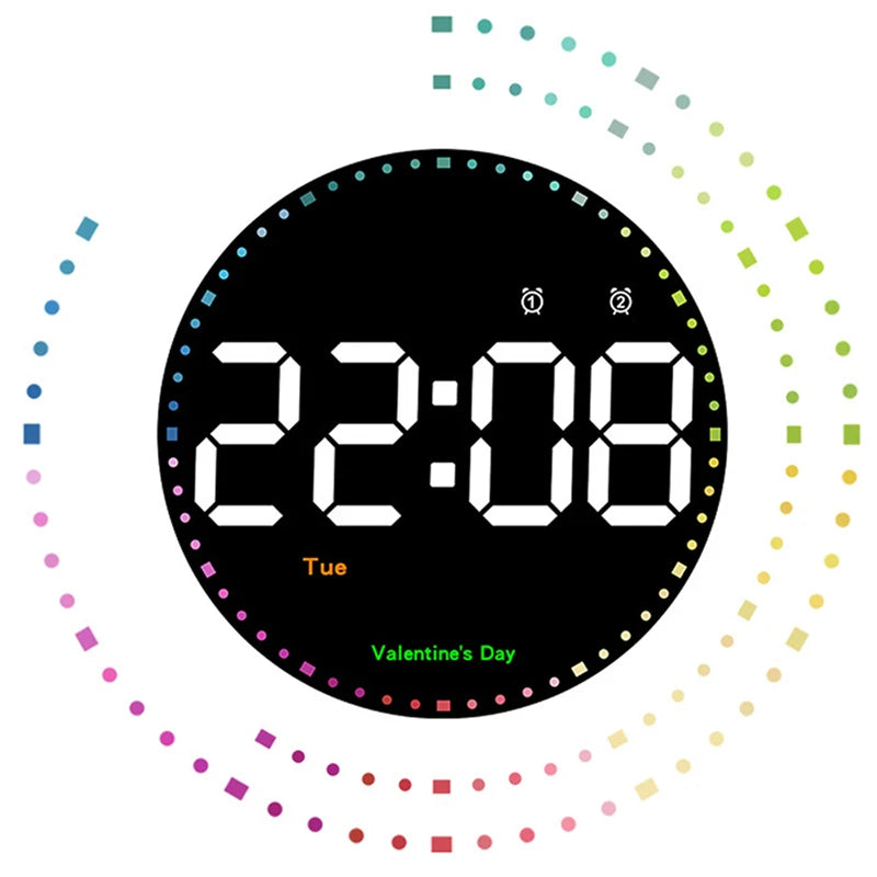 LED Wall Clock with Dual Alarms, Calendar and Temperature Display for Home Decoration. Brightness Adjustable