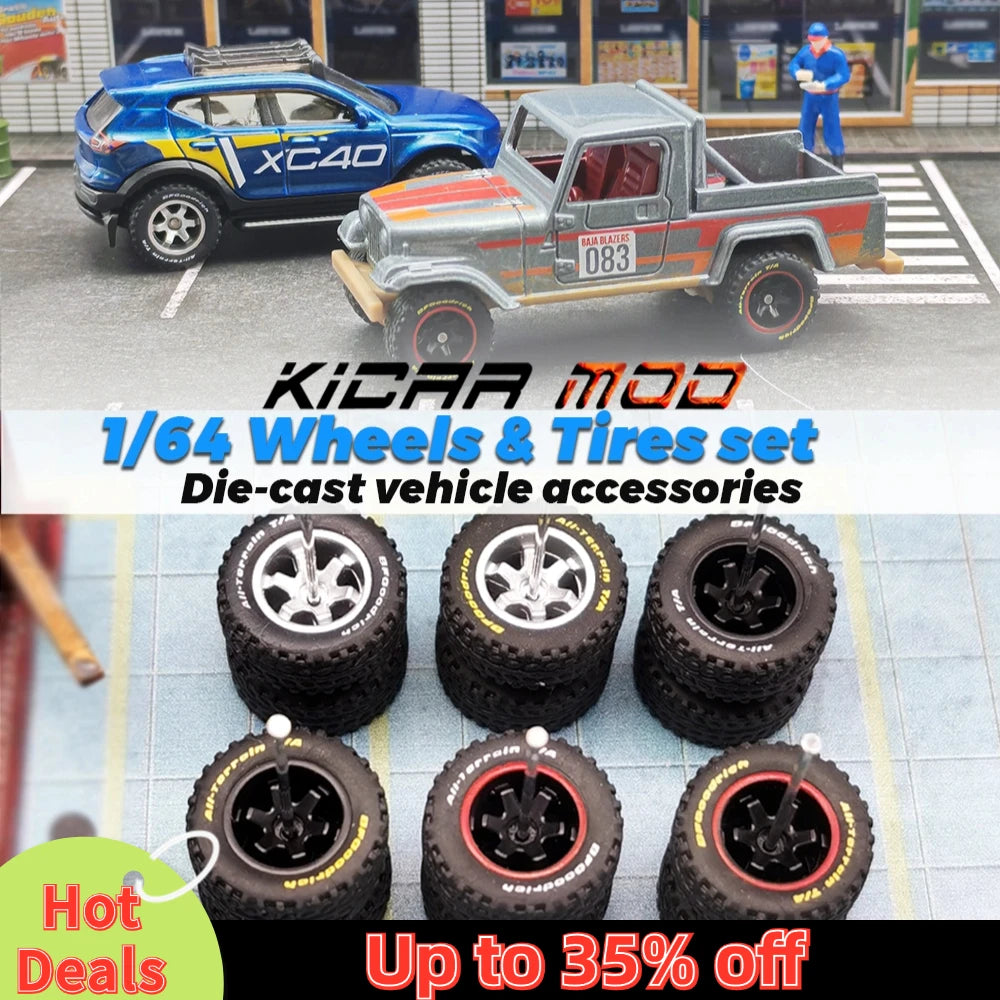 1/64 14mm Rubber Tires Tyre Band Letter & Diecast Car Wheels for 1:64 Off-Road Dedicated to Pickup Trucks, Large Sedan (1 Set)