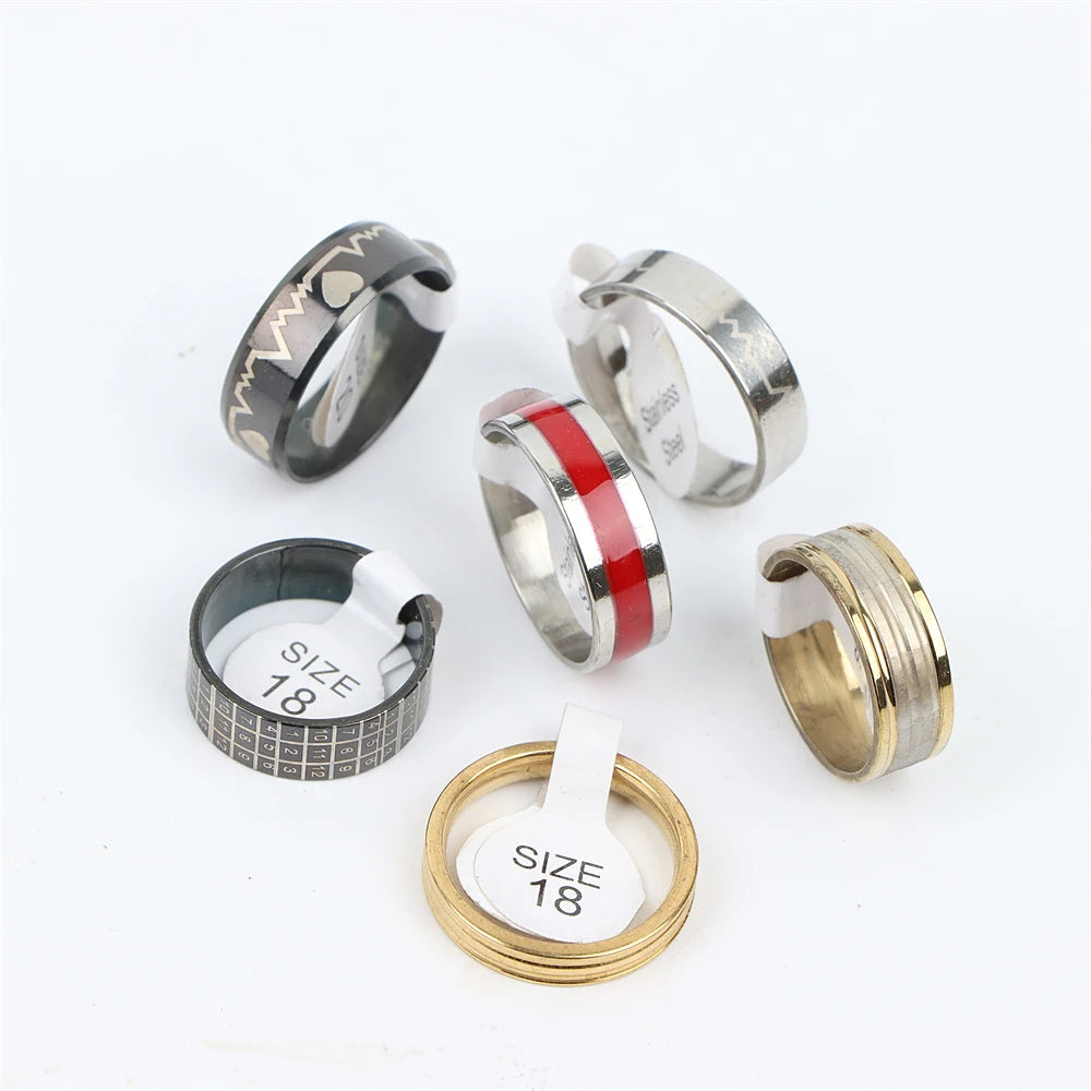 10/20/50/100Pcs/Lot Fashion Stainless Steel Stripe Heart Hollw Rings For Men Women Mix Style Simple Jewelry Party Gifts
