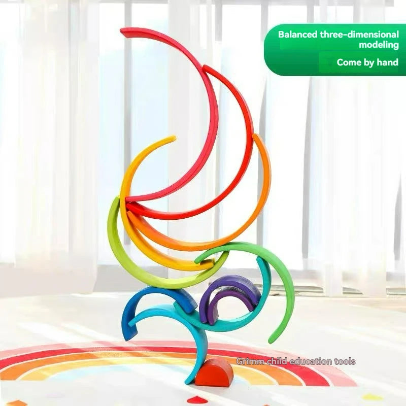 Wooden Rainbow Block Colorful Stacking Building Block Children Open-shaped Creative Building Blocks Montessori Educational Toy
