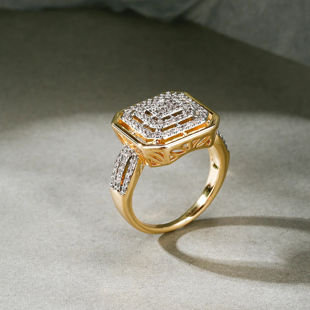 Square hollow design inlaid zircon earrings and ring set retro fashion jewelry copper plated 14K gold banquet holiday decoration