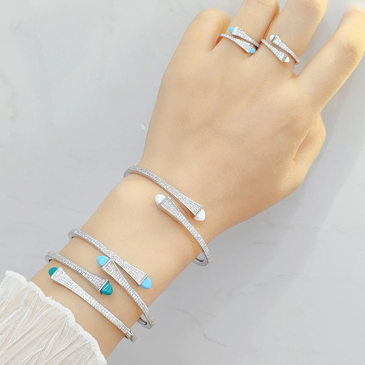 2025 New Cute Women Fashion Bracelet & Ring Set Candy color stone Simple Open Cuff Bangle Ring Arab Middle Eastern Jewelry Set