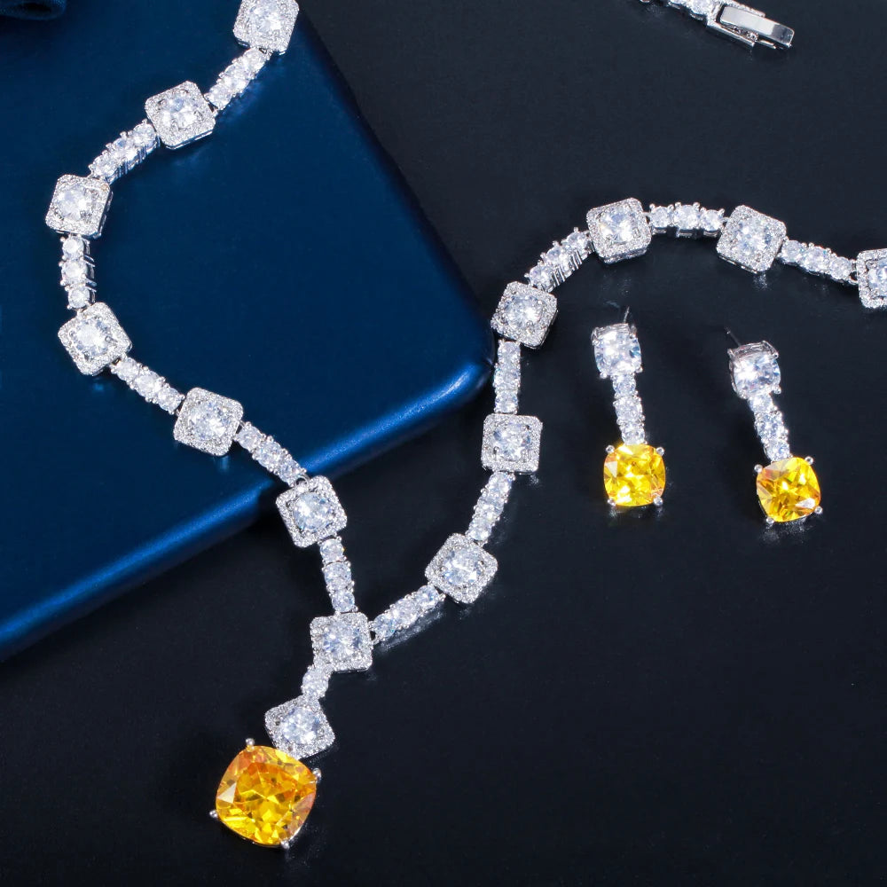 CWWZircons Super Shiny Big Square Yellow Zirconia Wedding Bridal Necklace Earrings Party Costume Jewelry Sets for Women T0726
