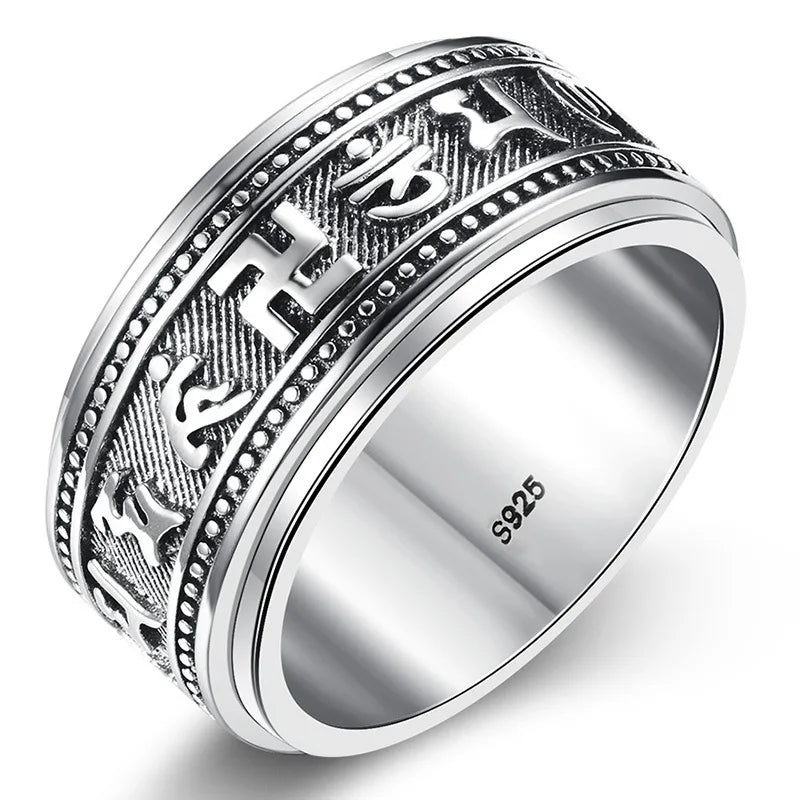 S925 Sterling Silver Ring Men Women Retro Buddhist Six-Character Great Mantra Ring Male Female Amulet Jewelry Exquisite Gift