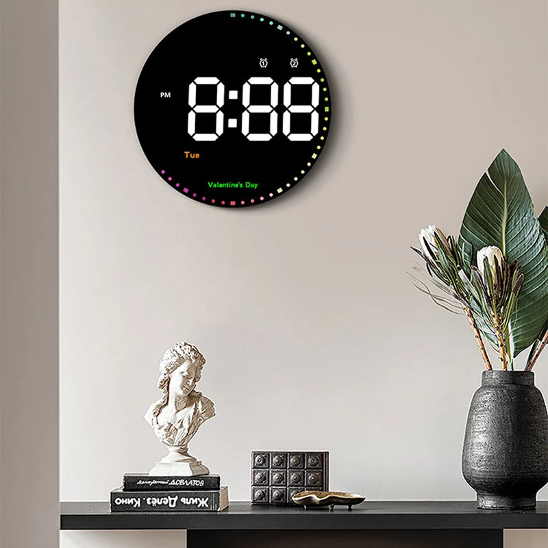 LED Wall Clock with Dual Alarms, Calendar and Temperature Display for Home Decoration. Brightness Adjustable