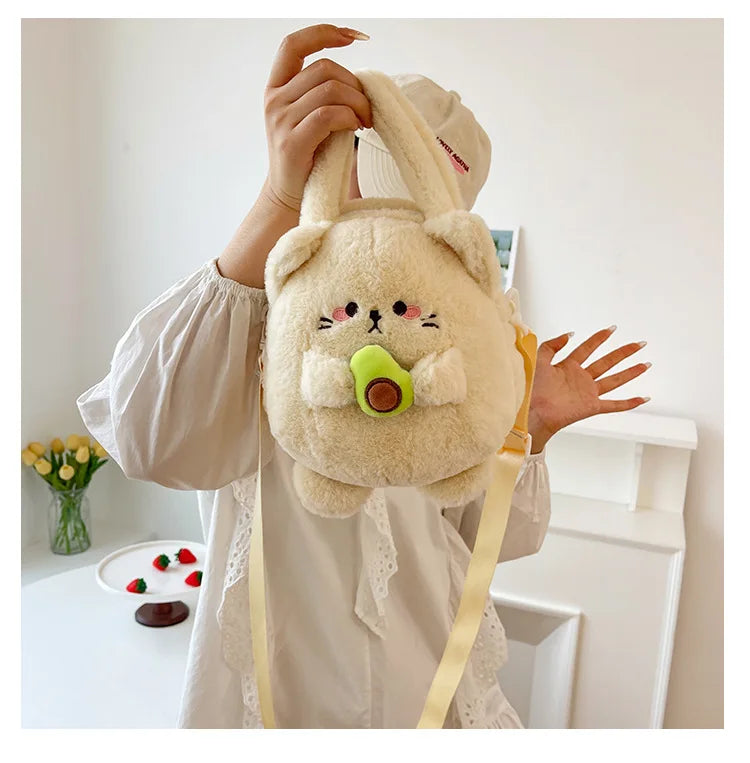 New Rabbit Kitten Plush Toy Backpack Stuffed Animal Rabbit Hold Peach Cat Hold Avocado Portable Shoulder Bag Girl Birthday Gifts