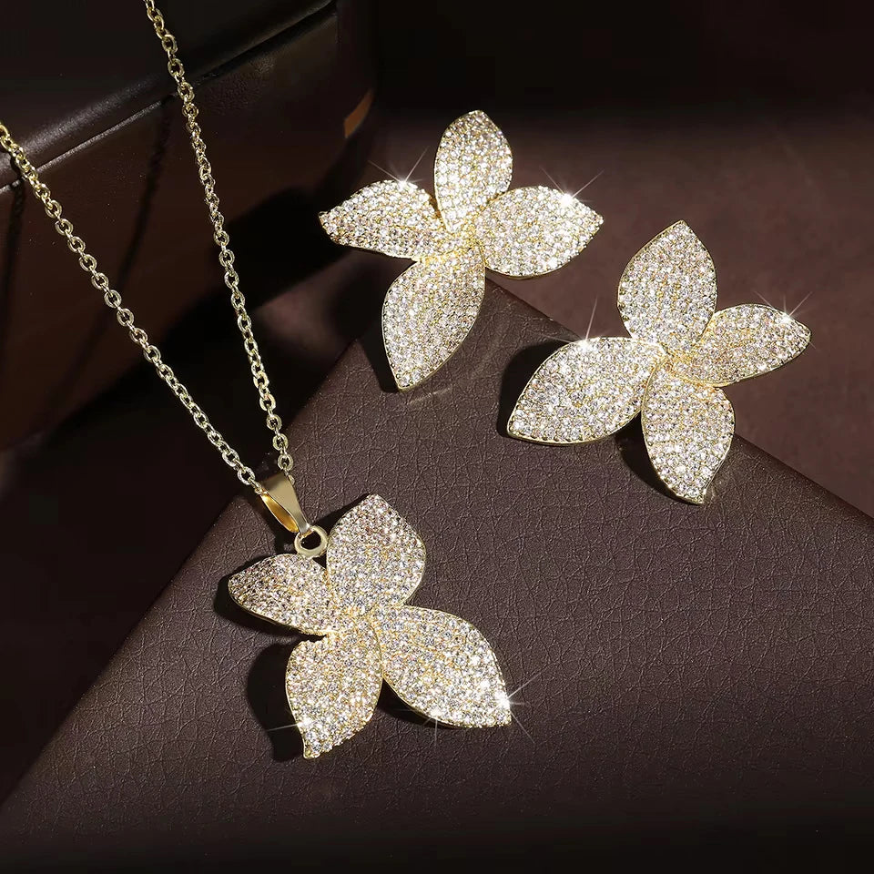 ZAKOL Luxury Micro Pave Setting Cubic Zirconia Leaf Earrings Ring Bracelet Necklace Gorgeous Dubai Jewelry Set For Dinner Party